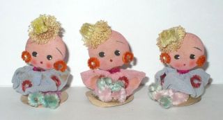 3 Vintage Mini Chenille Fabric Hand Paint Faces Little Girls Figures Japan