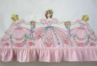 Pair Vtg Hand Embroidered Crinoline Lady Southern Belle Applique Pillowcases