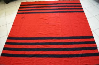 Vintage Baron Woolen Mills Wool Blanket 80x90 Red & Black Stripe Rising Sun
