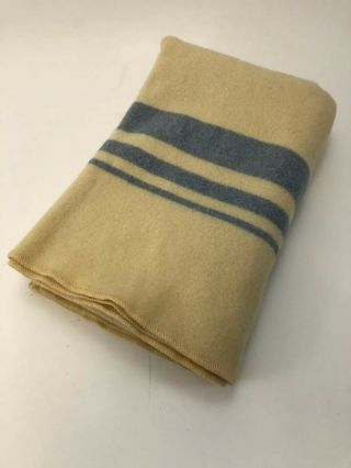 Wool Blanket Ivory With Blue Stripes Binding 80”x52” Weight 3 Pounds