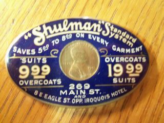 Vintage Celluloid Advertising Pocket Mirror Encased Penny Shulman Overcoats 1916