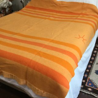 Vintage Baron Woolen Mills Rising Sun Orange Striped Wool Camp Blanket 72x82”