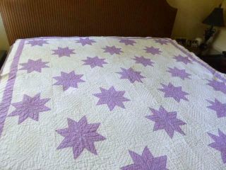 Vintage Handmade 8 Point Star Lavender & White Cotton Quilt 88 " By 76 "