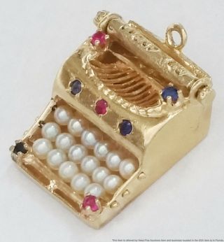 14k Gold Pearl Sapphire Ruby Typewriter I Love You Heavy Huge Charm Vintage