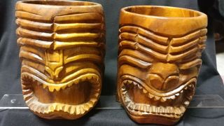 Set Of 2 Wooden Tiki Mug - Hand - Carved - Tiki Bar Decor
