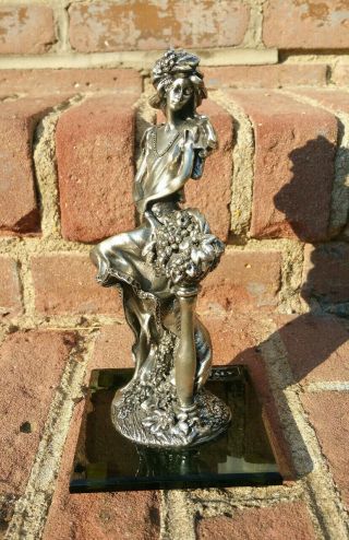 Italian Silver Art Deco Resin Statue Woman Arg 800 Handmade Sculpture Glass Base