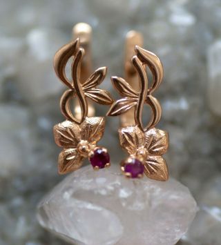 Vintage 14k Gold,  Russian Earrings With Ruby,  Signed