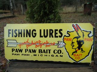 Large Old Paw Paw Bait Co.  Fishing Lures Porcelain Advertising Sign Michigan
