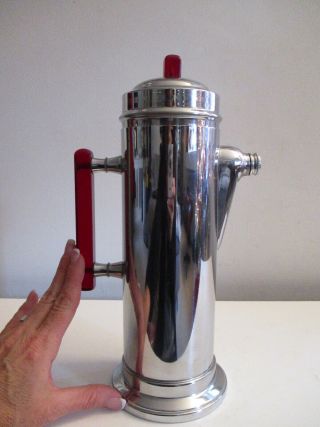 Vintage Art Deco Cocktail Shaker Chrome Cherry Juice Red Bakelite Handle
