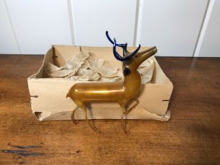 Vintage Antique German Blown Mercury Glass Gold & Blue Reindeer Ornament W/ Box