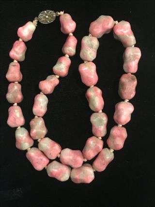 Large Vintage Chinese Export Ruby Zoisite Chunk Beaded Necklace 26 Inch