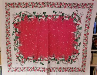 Vintage Tablecloth & 6 Napkins Christmas Print Green Red White Rectangle