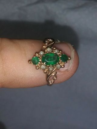 Antique Victorian 10k Gold 3 Emerald And 6 Rose Cut Diamonds Ring Size 5
