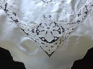Vintage Snowy White Heavy Linen Table Cloth With Embroidery And Cut Work