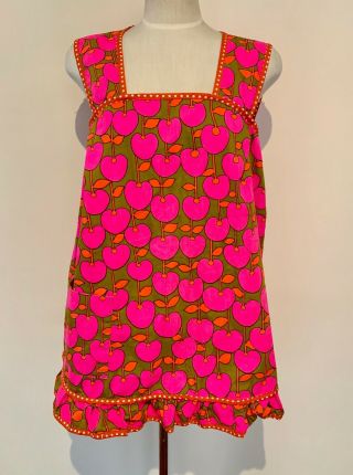 Rare Vintage,  Design House Cherry Pattern Apron Or Smock Green,  Hot Pink,  Red