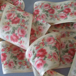 Antique C1900 French Ikat Watered Satin Ribbon Sash Pink Roses 3 " Wide X 80 "