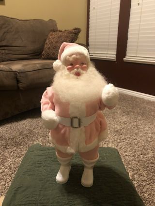 Vintage Pink Felt Christmas Santa Claus Figurine Plastic Face & White Boots 12 "