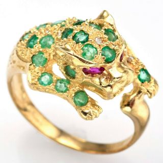 Vintage 14k Yellow Gold Emerald,  Ruby & Diamond Panther Leopard Band Ring 4.  2g
