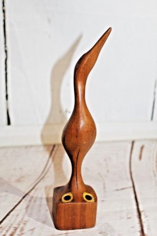 Vintage Teak Wood Stork Crane Bird Pen/pencil Holder Mid Century/modern 9 " Tall