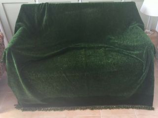 Chenille & Velvet Antique Vintage Tablecloth /throw Dark Emerald Green