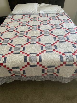 Hand And Machine Made Queen Size Quilt Americana Red White And Blue