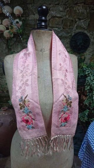 Exquisite Antique French Silk Brocade Ribbon Sash With Roses C1880