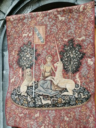 Vintage Belgium Medieval Unicorn Woven Tapestry Wall