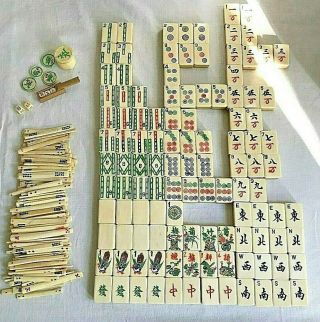 Antique Chinese Mahjong Set Mah Jong 115 Bone Bamboo Tiles,  118 Sticks