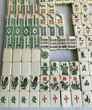 Antique Chinese Mahjong Set Mah Jong 115 Bone Bamboo Tiles,  118 Sticks 2