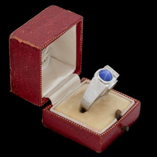 Antique Vintage Deco 10k White Gold Blue Star Sapphire Diamond Mens Ring S 10.  25