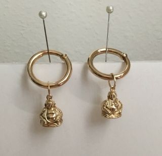 Vintage 14k Gold Hoop Earrings With Buddha Charm W/hallmark