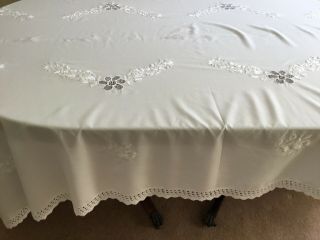 Vintage White Cotton Large Hand Embroidered Tablecloth