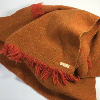 Pendleton Woolen Mills Wool Blanket Vintage Orange Gold Fringe Throw Made Usa