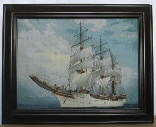 Vintage Tapestry Sailing Boat Ship Ocean Sea Sky Framed Handmade Gobelin Art