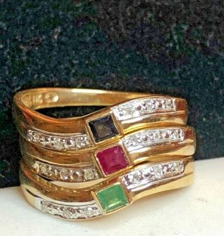 Vintage Estate 14k Gold Ruby Emerald Sapphire Diamond Ring 3 Bands Princess Cut