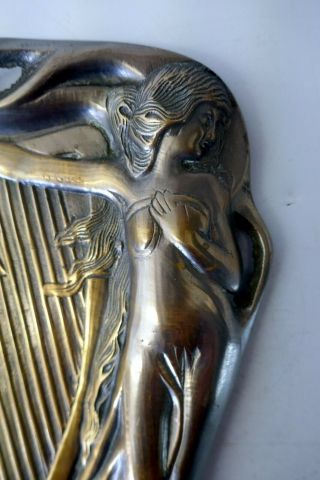 Vintage Art Nouveau Heavy Brass Harp Shaped Tray Feat.  Semi Naked Woman 2