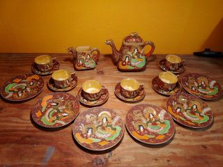 Vintage Japanese Porcelain Satsuma Type Moriage Dragon Ware Tea Set 21 Pc