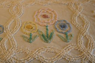 Vintage Chenille Bedspread With Pink Yellow & Blue Flowers Queen Full Bed