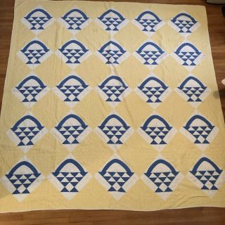 Yellow Blue Basket Vintage Quilt Hand Stitching 80x78 Repair,  Porch,  Cutter