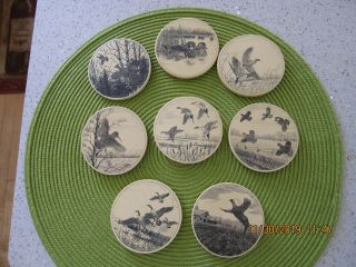Set Of 8 Barlow Scrimshaw Style Upland And Waterfowl Game Bird Coasters