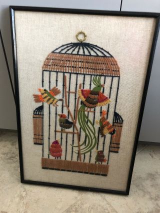 Vintage 16x20 Handmade Yarn Art Birds Bird Birdcage Glass Framed Wall Hanging