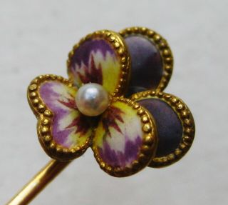 Antique Victorian 14k Gold Pearl Purple Enamel Pansy Flower Vtg Stick Pin Brooch