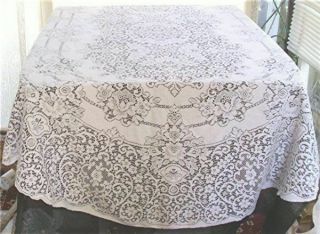 Vtg Oval White Cotton Floral Lace Tablecloth 76 " X 104 "