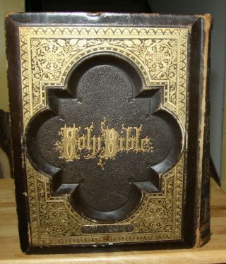 LARGE antique C1875 family Holy Bible Blank family pages 3