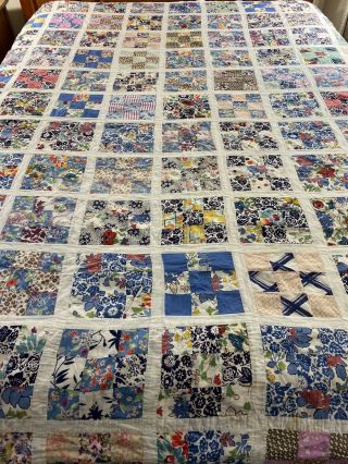 Vintage Handmade Feed Sack 5 Patch Quilt 73 " X 95 "