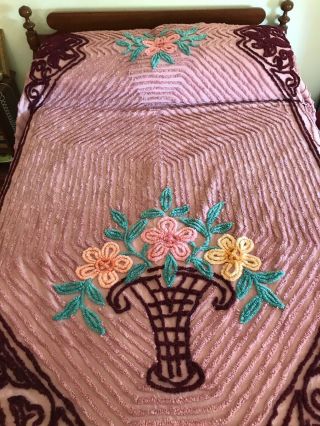 Vintage Chenille Bedspread Flower Basket On Mauve Burgandy Chenille Trim 90 X 92
