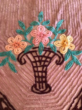 Vintage Chenille Bedspread Flower Basket on Mauve Burgandy Chenille Trim 90 X 92 2