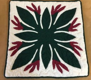 Appliqué Quilt Hawaiian Pillow Cover,  11 1/2”,  Dark Green,  Cranberry,  Flower