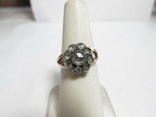 Antique 10k Solid Gold Ring W/ Silver Top Of Rose Cut Natural Diamonds