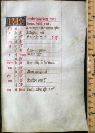 Medieval Illuminated Vellum Manuscript Lf,  Boh.  Calendar,  October,  Gold Init.  Ca.  1460
